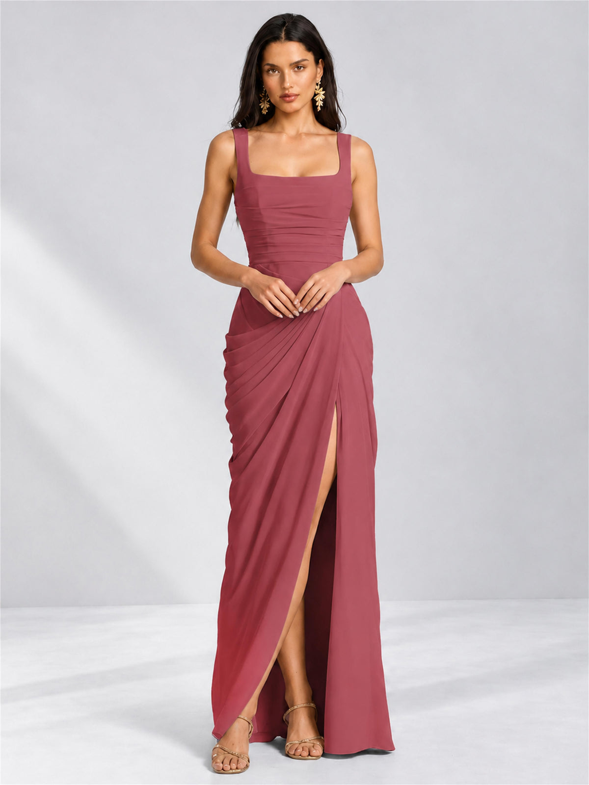 Square Neck Mermaid Chiffon Lace Up Back Wedding Guest Dress with Split Side