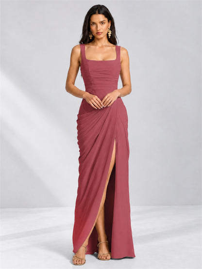 Square Neck Mermaid Chiffon Lace Up Back Wedding Guest Dress with Split Side