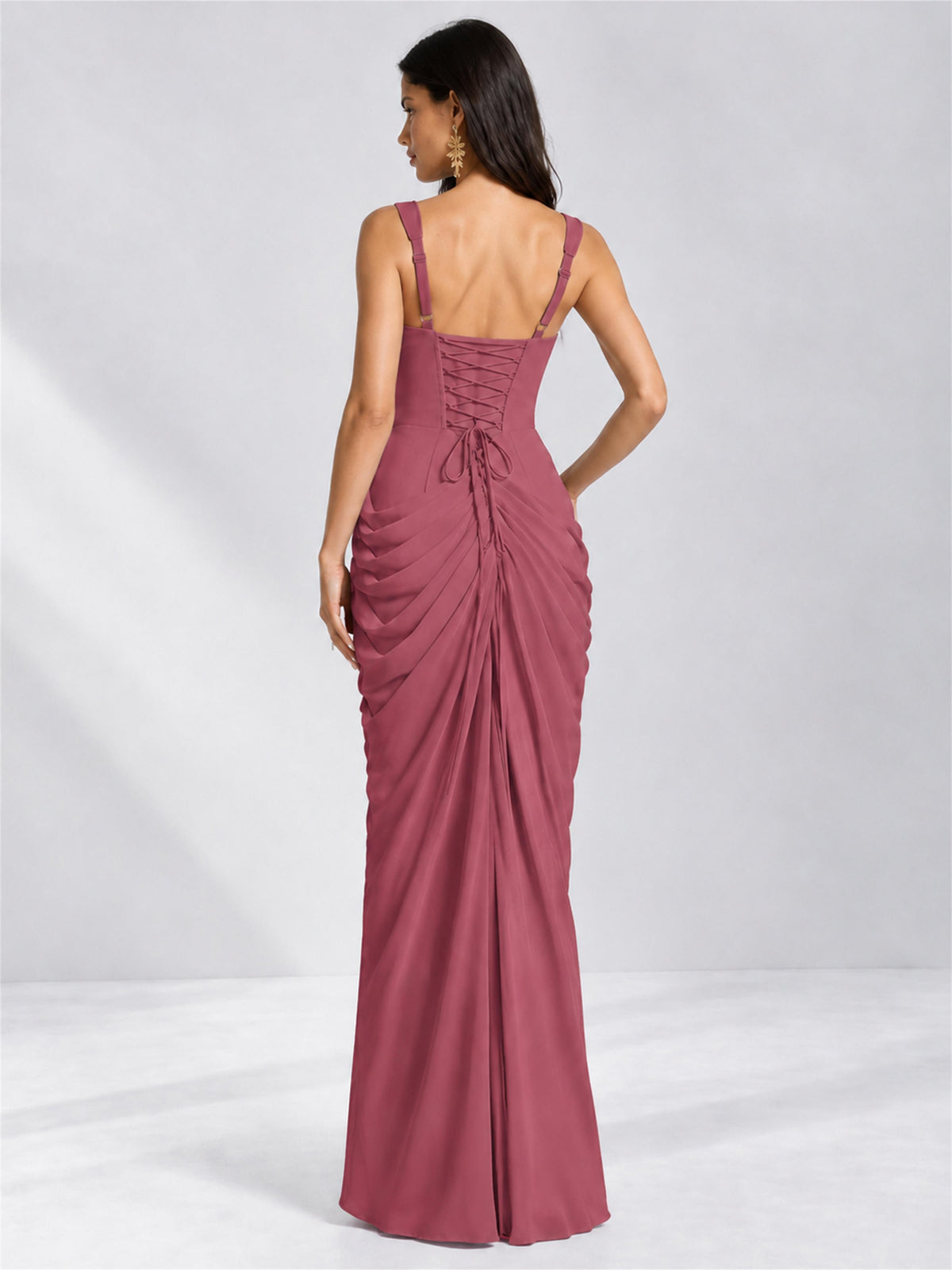 Square Neck Mermaid Chiffon Lace Up Back Wedding Guest Dress with Split Side