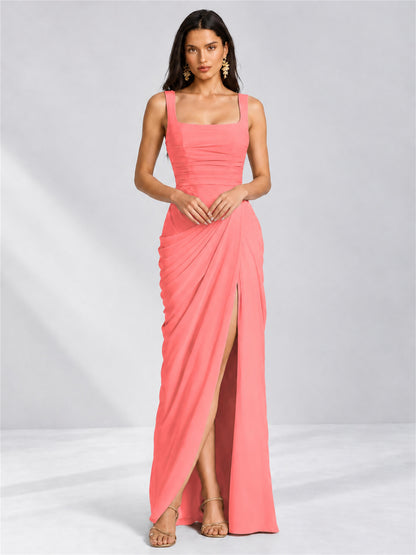 Square Neck Mermaid Chiffon Lace Up Back Wedding Guest Dress with Split Side