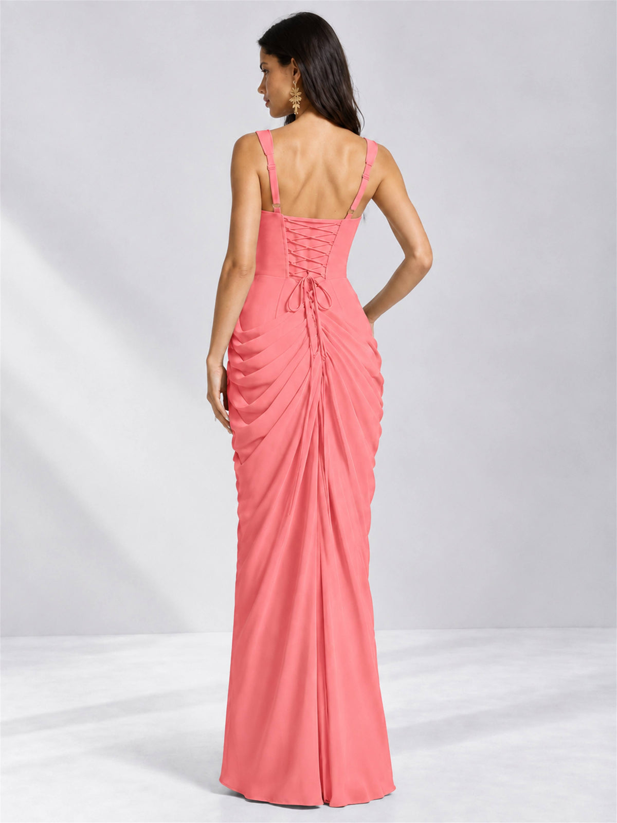 Square Neck Mermaid Chiffon Lace Up Back Wedding Guest Dress with Split Side