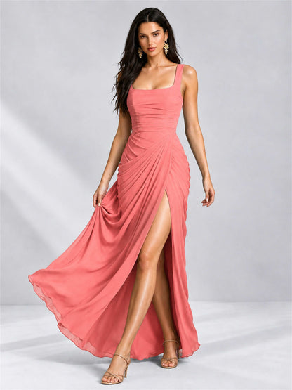 Square Neck Mermaid Chiffon Lace Up Back Wedding Guest Dress with Split Side