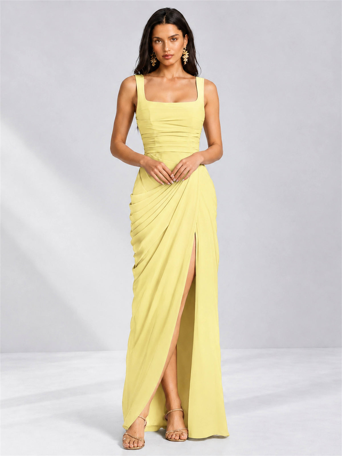 Square Neck Mermaid Chiffon Lace Up Back Wedding Guest Dress with Split Side
