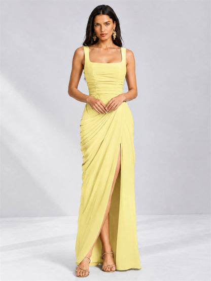 Square Neck Mermaid Chiffon Lace Up Back Wedding Guest Dress with Split Side