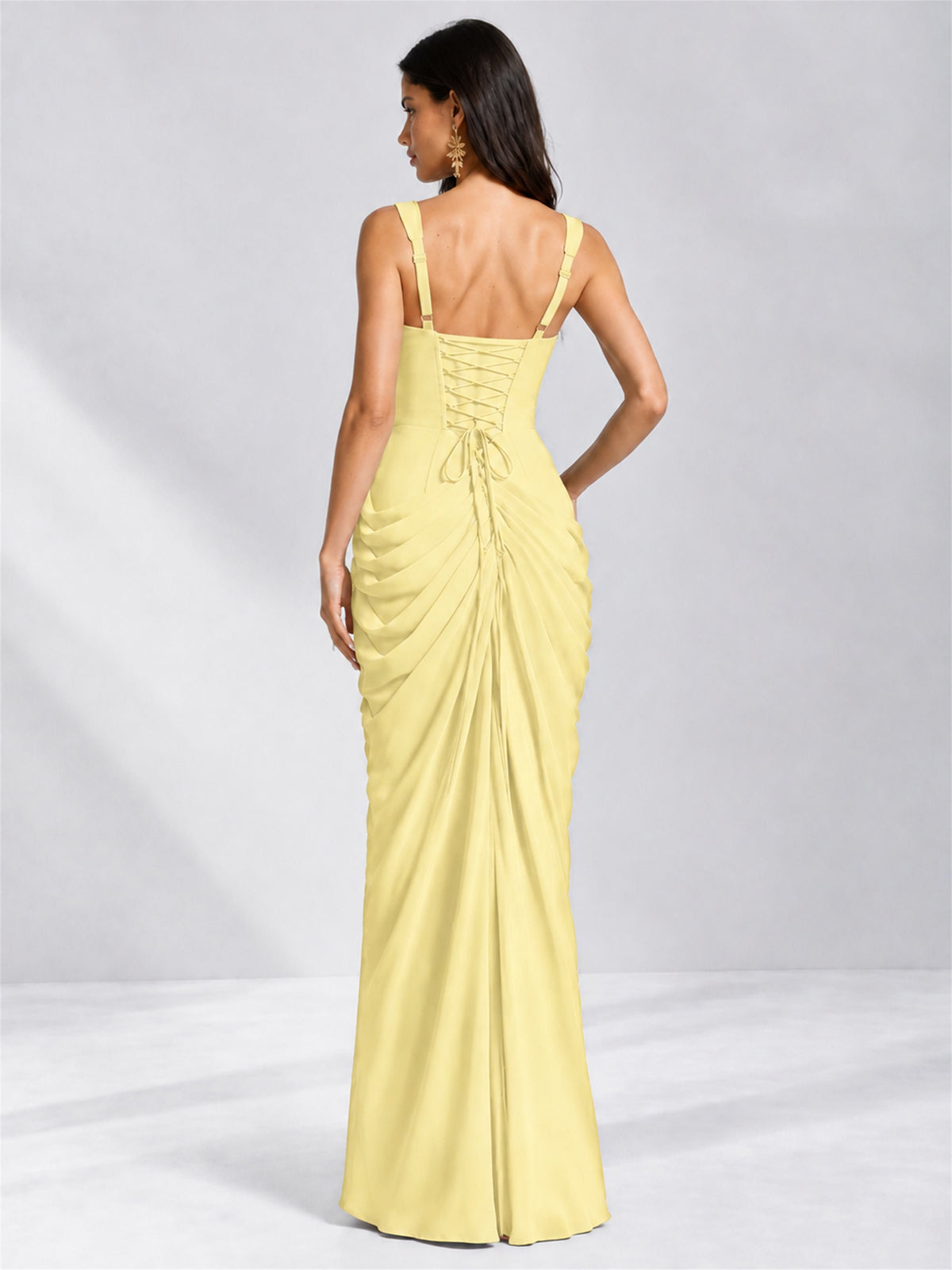 Square Neck Mermaid Chiffon Lace Up Back Wedding Guest Dress with Split Side