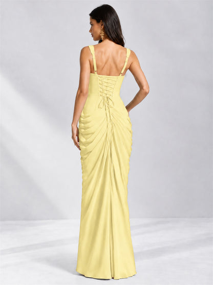Square Neck Mermaid Chiffon Lace Up Back Wedding Guest Dress with Split Side