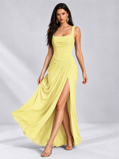 Square Neck Mermaid Chiffon Lace Up Back Wedding Guest Dress with Split Side