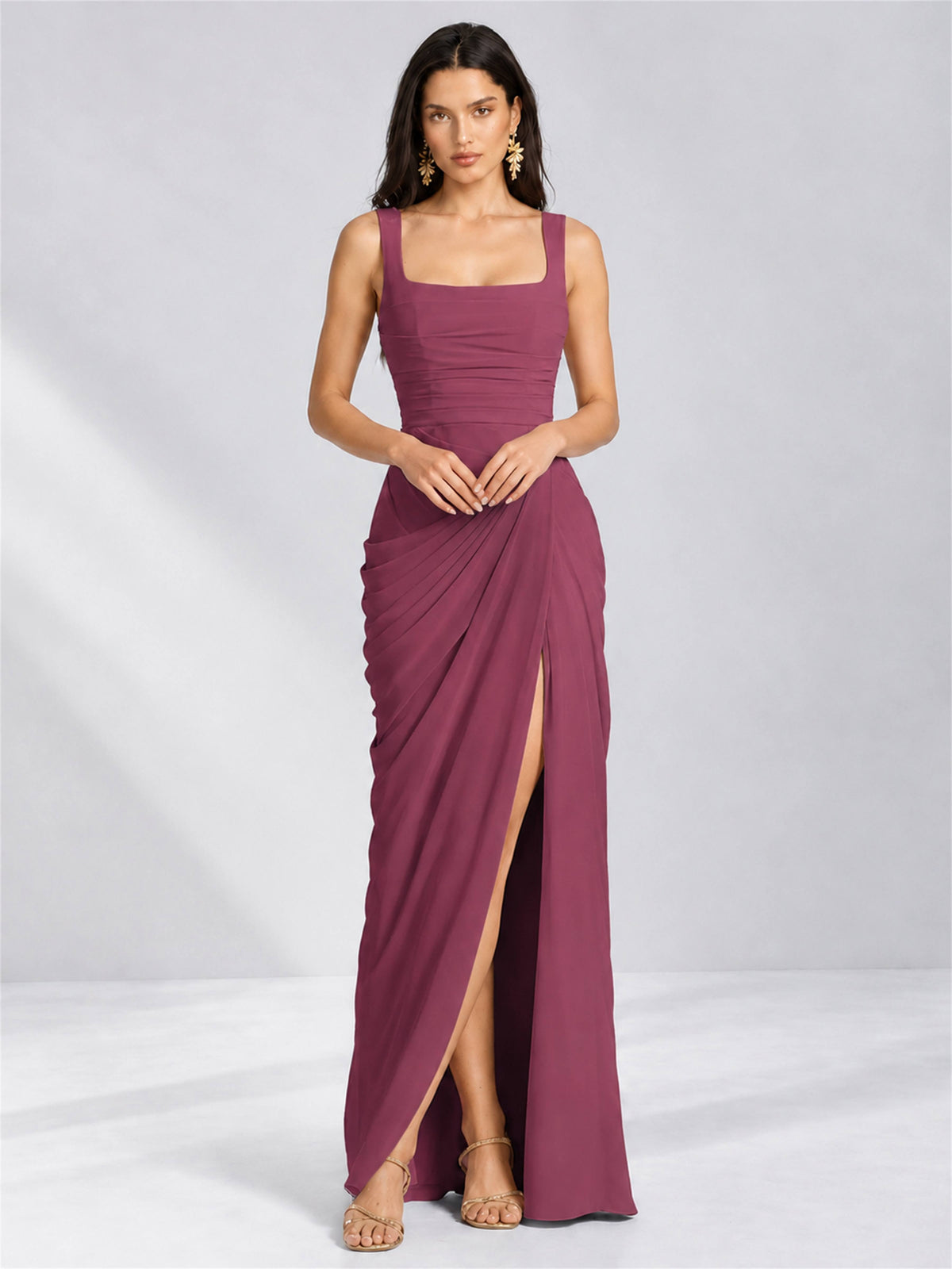 Square Neck Mermaid Chiffon Lace Up Back Wedding Guest Dress with Split Side