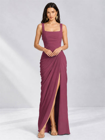 Square Neck Mermaid Chiffon Lace Up Back Wedding Guest Dress with Split Side