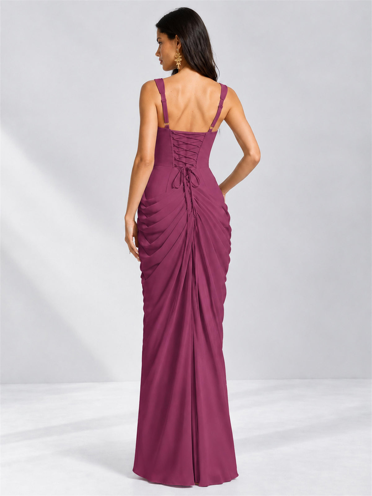Square Neck Mermaid Chiffon Lace Up Back Wedding Guest Dress with Split Side