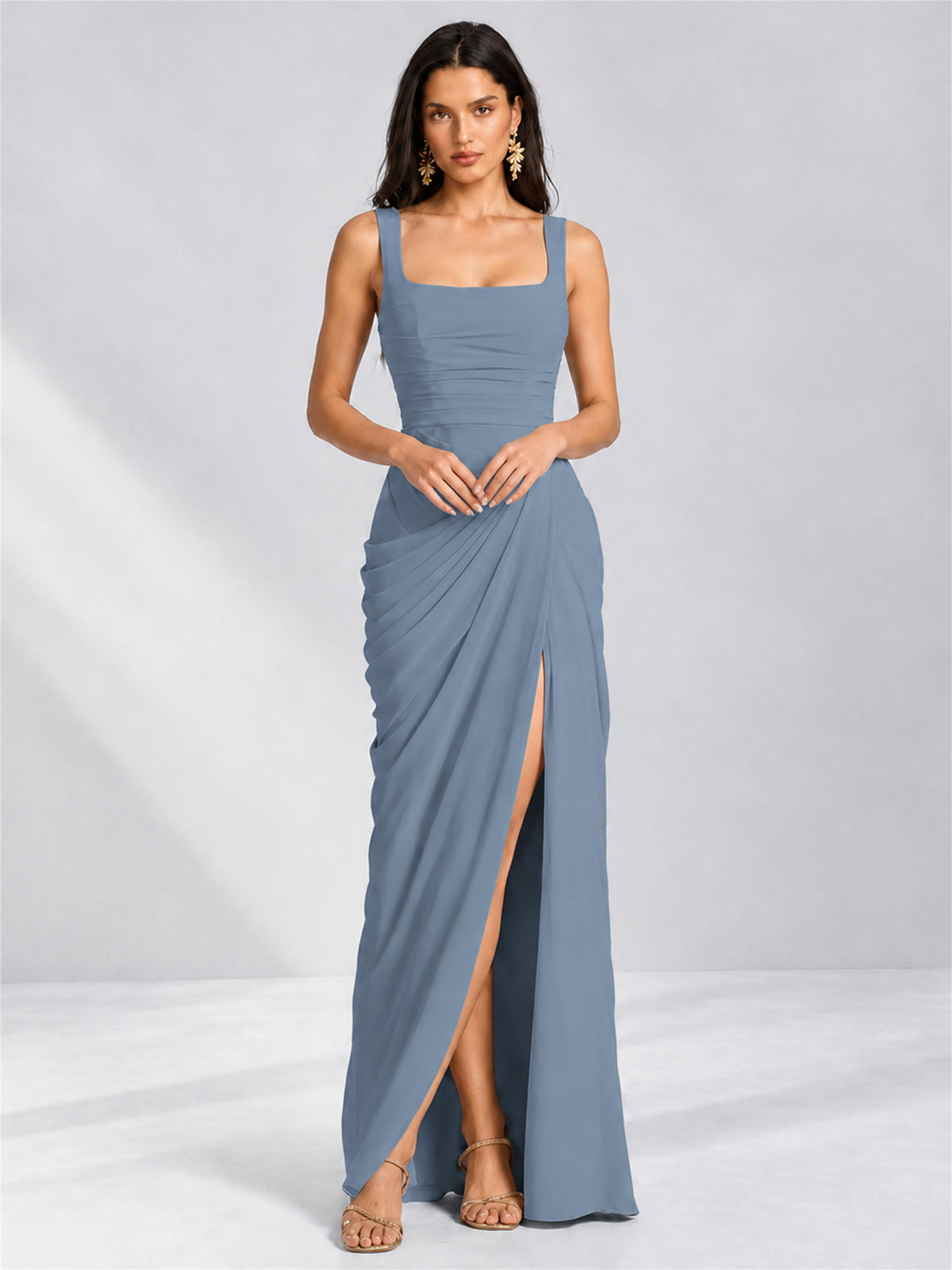 Square Neck Mermaid Chiffon Lace Up Back Wedding Guest Dress with Split Side