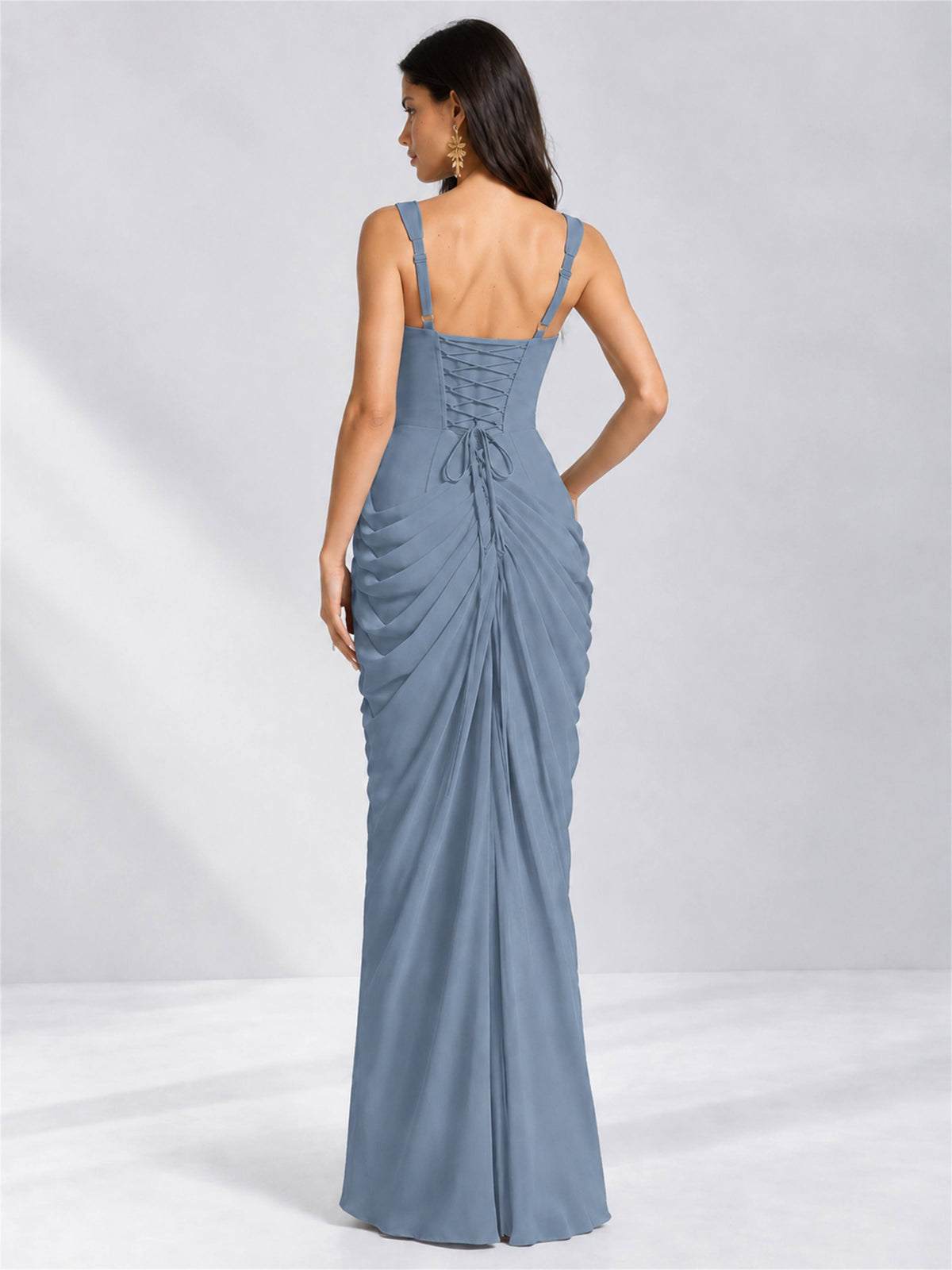 Square Neck Mermaid Chiffon Lace Up Back Wedding Guest Dress with Split Side
