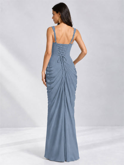 Square Neck Mermaid Chiffon Lace Up Back Wedding Guest Dress with Split Side