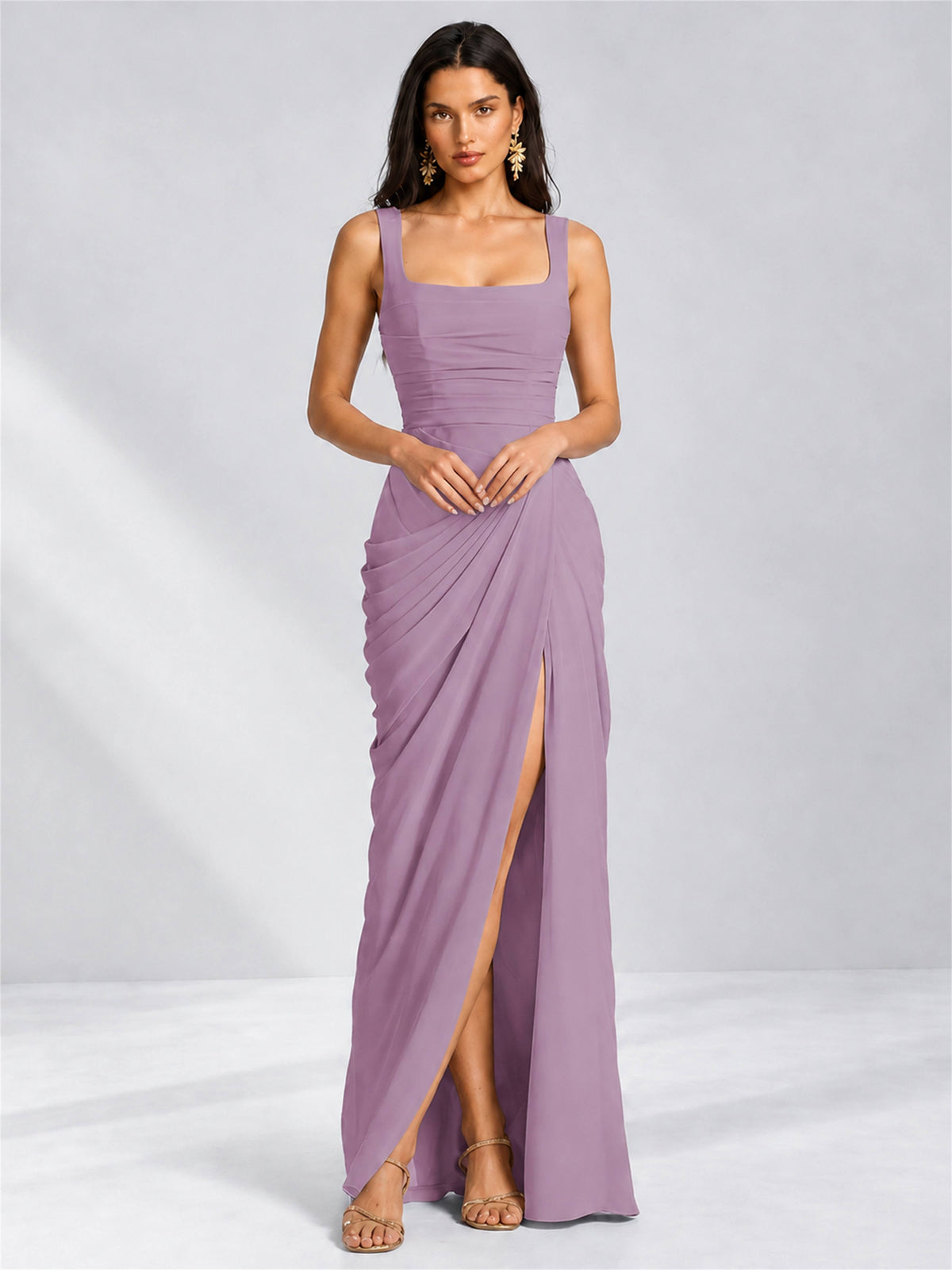 Square Neck Mermaid Chiffon Lace Up Back Wedding Guest Dress with Split Side