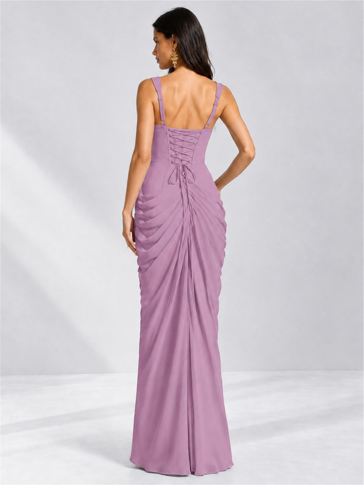 Square Neck Mermaid Chiffon Lace Up Back Wedding Guest Dress with Split Side