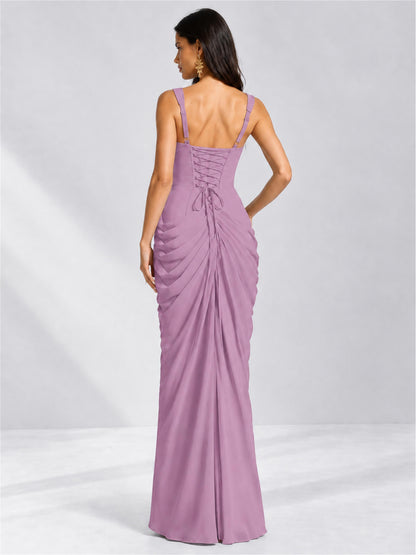 Square Neck Mermaid Chiffon Lace Up Back Wedding Guest Dress with Split Side