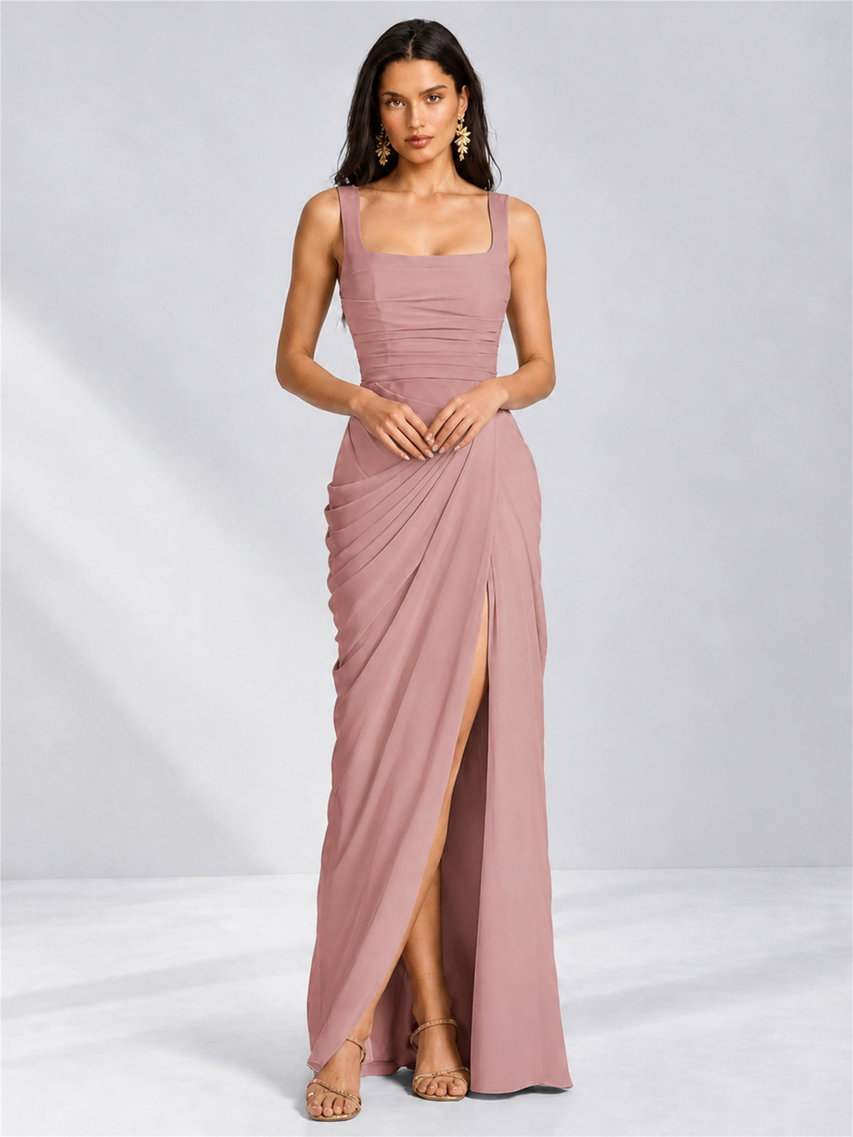 Square Neck Mermaid Chiffon Lace Up Back Wedding Guest Dress with Split Side