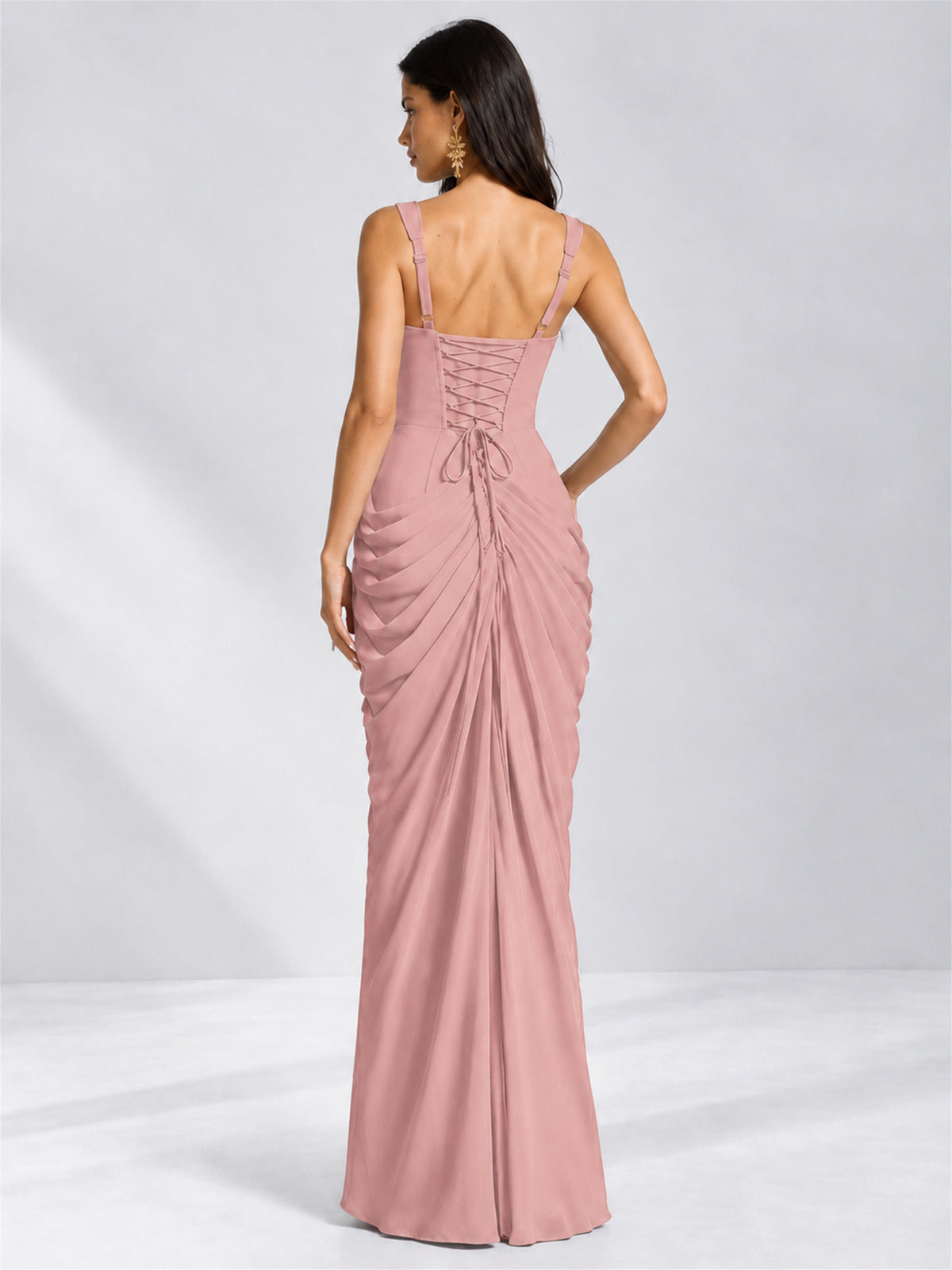 Square Neck Mermaid Chiffon Lace Up Back Wedding Guest Dress with Split Side