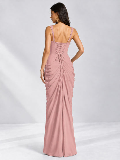 Square Neck Mermaid Chiffon Lace Up Back Wedding Guest Dress with Split Side