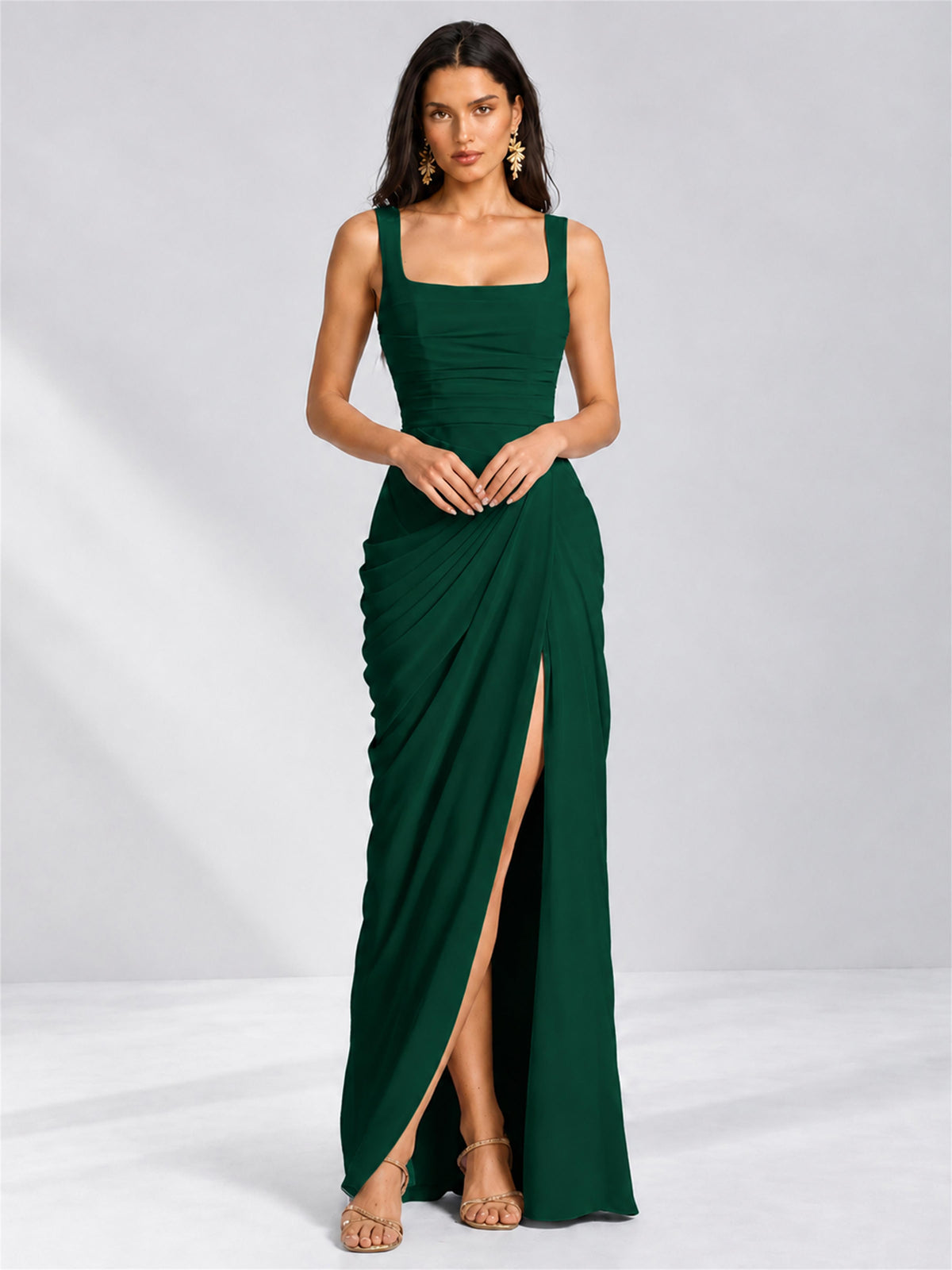 Square Neck Mermaid Chiffon Lace Up Back Wedding Guest Dress with Split Side