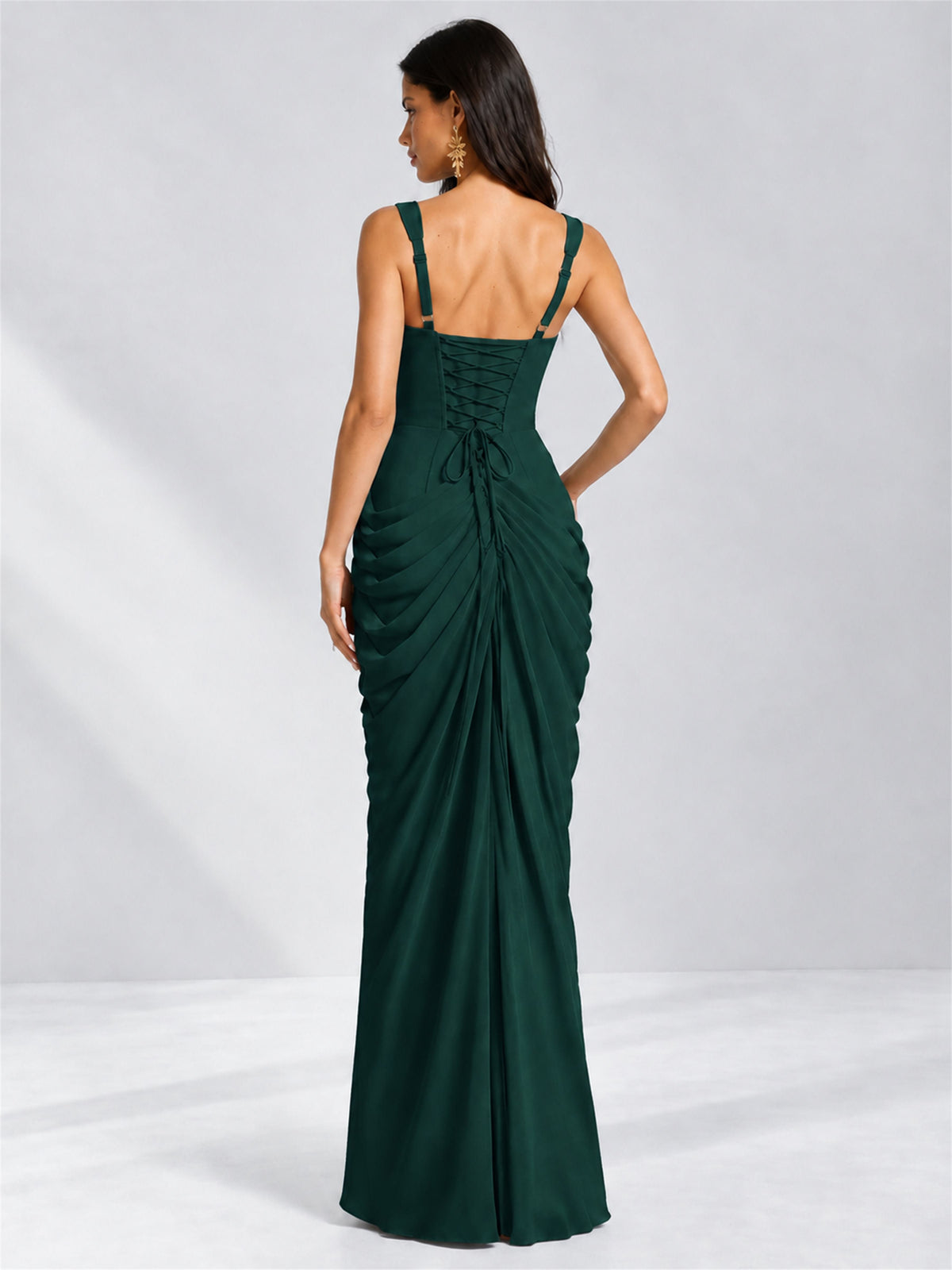 Square Neck Mermaid Chiffon Lace Up Back Wedding Guest Dress with Split Side