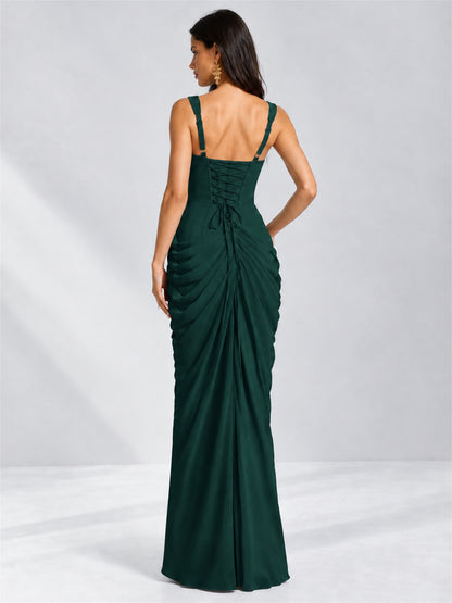 Square Neck Mermaid Chiffon Lace Up Back Wedding Guest Dress with Split Side
