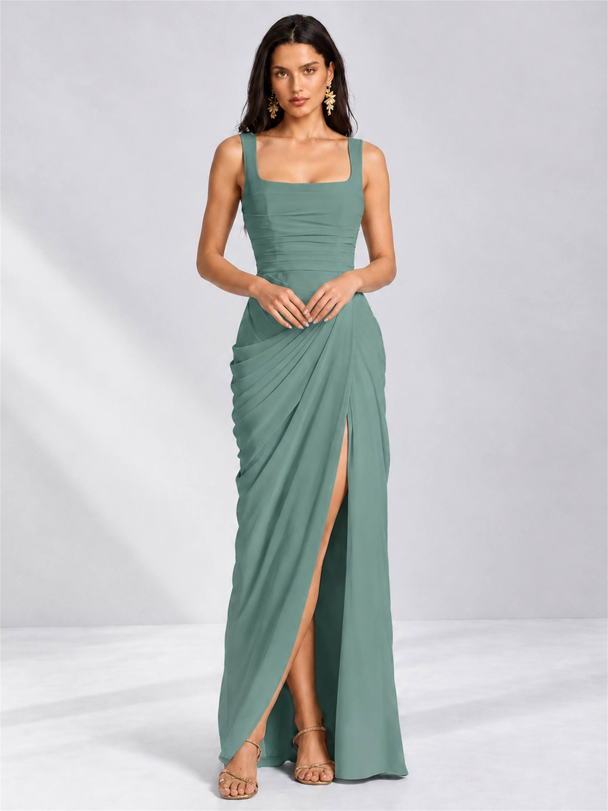 Square Neck Mermaid Chiffon Lace Up Back Wedding Guest Dress with Split Side