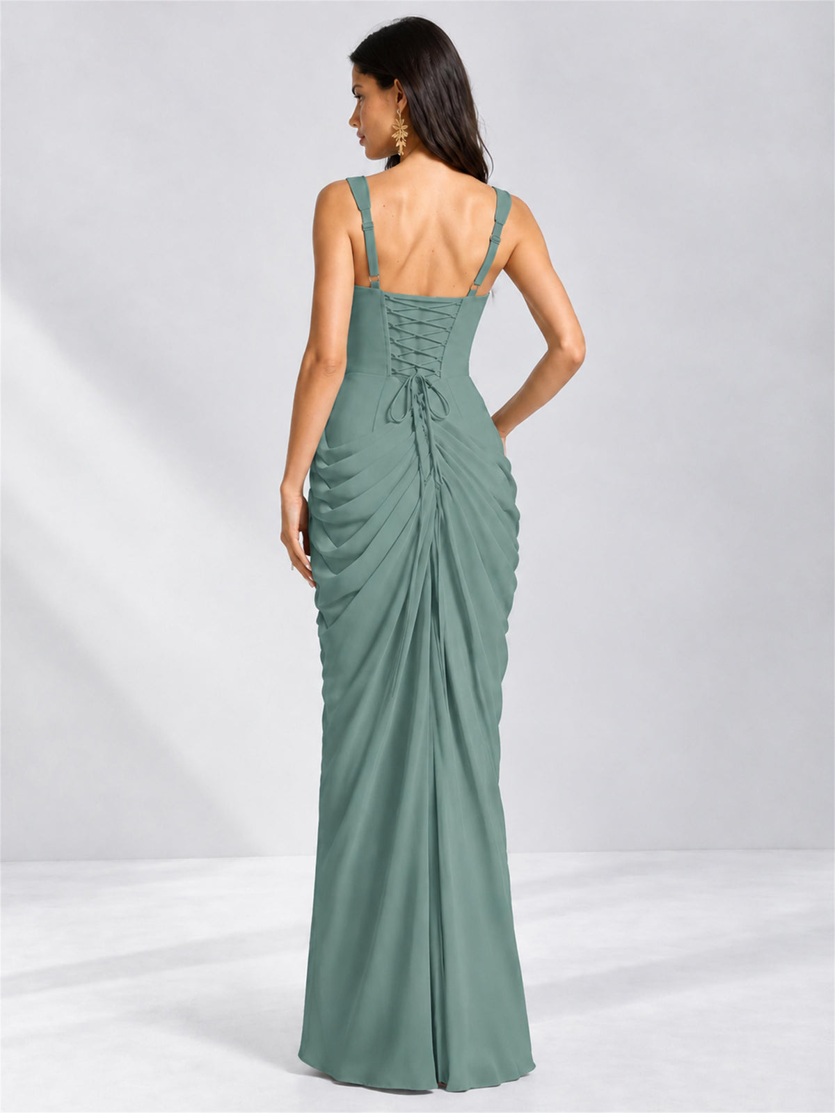 Square Neck Mermaid Chiffon Lace Up Back Wedding Guest Dress with Split Side