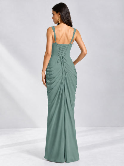 Square Neck Mermaid Chiffon Lace Up Back Wedding Guest Dress with Split Side