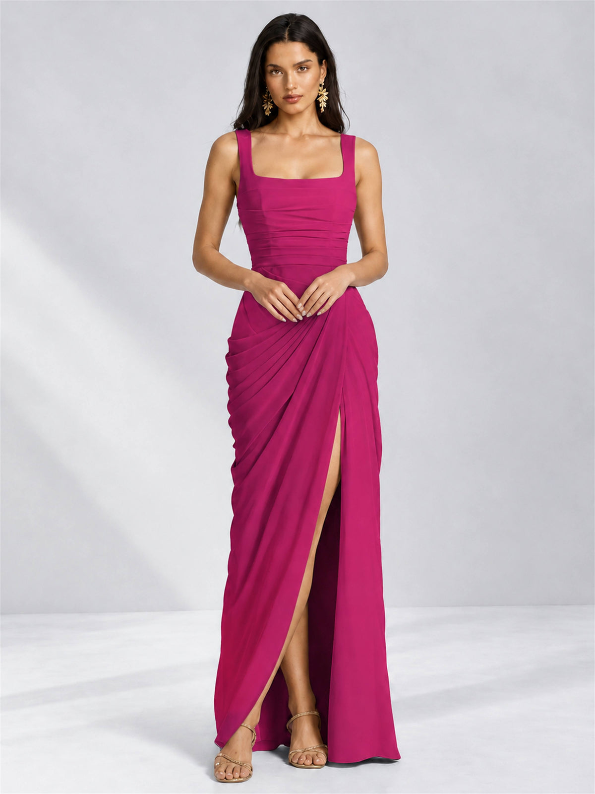 Square Neck Mermaid Chiffon Lace Up Back Wedding Guest Dress with Split Side