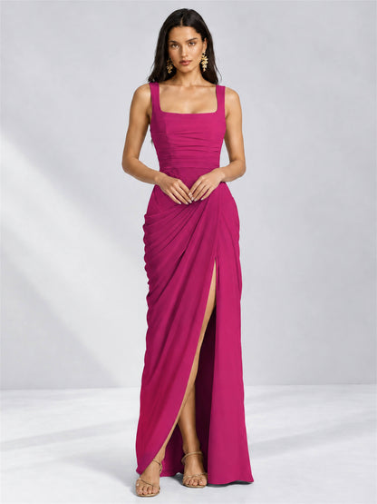 Square Neck Mermaid Chiffon Lace Up Back Wedding Guest Dress with Split Side