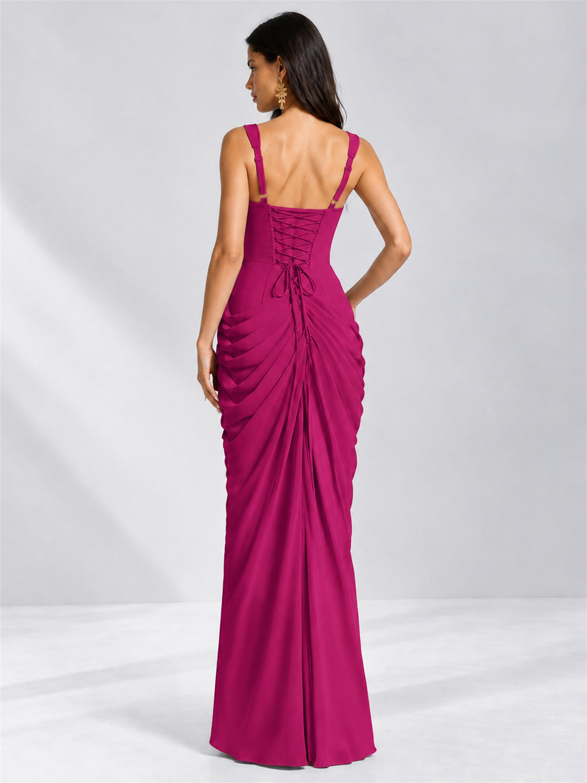 Square Neck Mermaid Chiffon Lace Up Back Wedding Guest Dress with Split Side