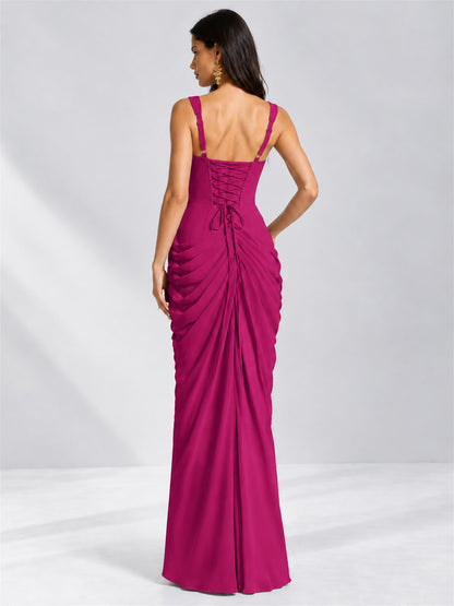 Square Neck Mermaid Chiffon Lace Up Back Wedding Guest Dress with Split Side