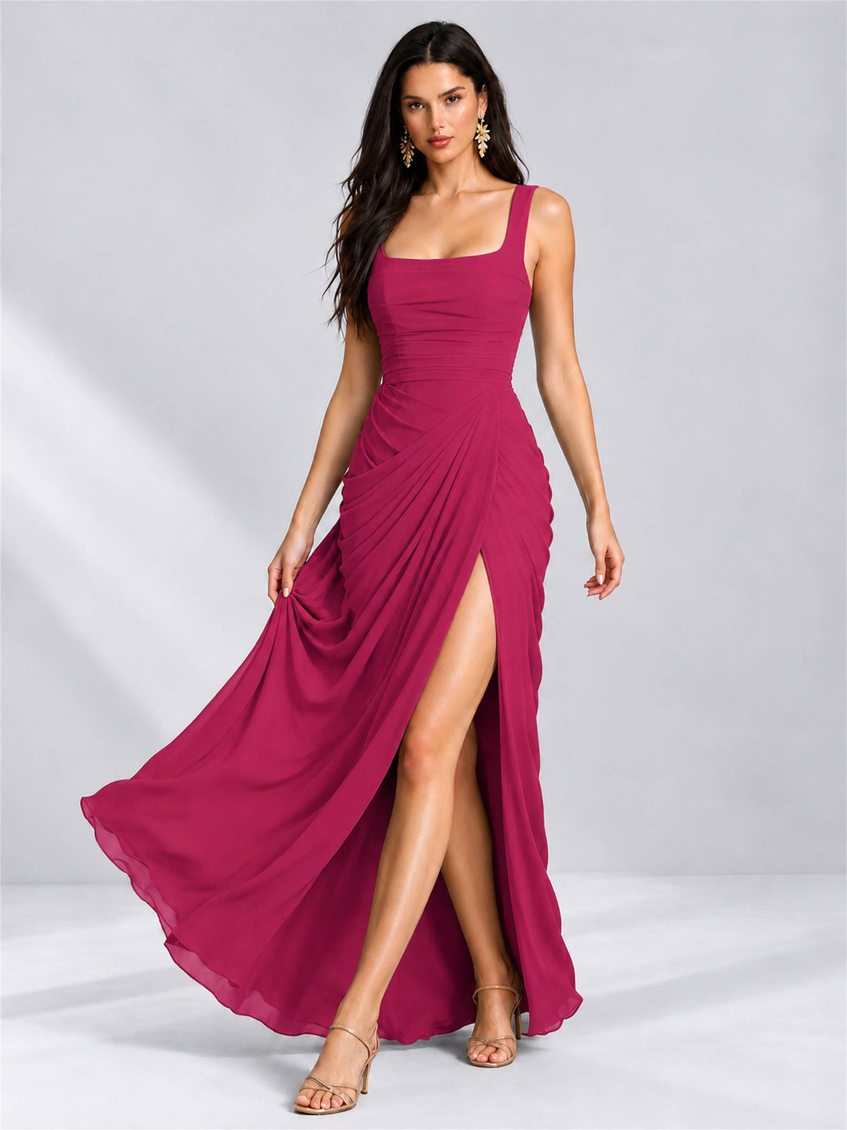 Square Neck Mermaid Chiffon Lace Up Back Wedding Guest Dress with Split Side