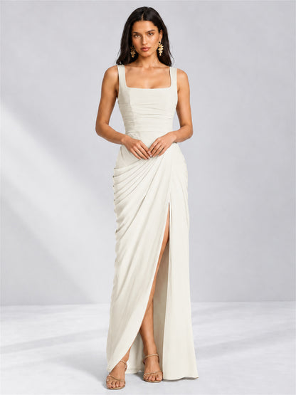 Square Neck Mermaid Chiffon Lace Up Back Wedding Guest Dress with Split Side