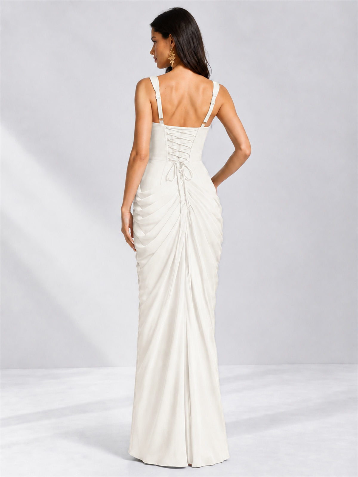 Square Neck Mermaid Chiffon Lace Up Back Wedding Guest Dress with Split Side