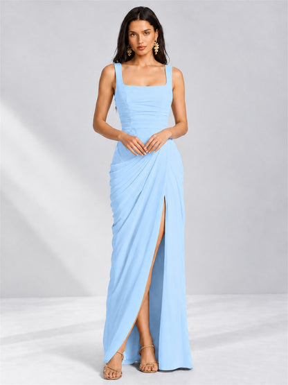 Square Neck Mermaid Chiffon Lace Up Back Wedding Guest Dress with Split Side