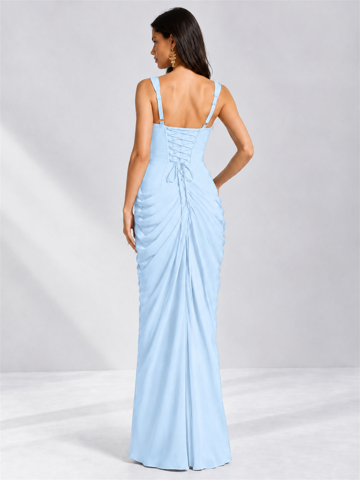 Square Neck Mermaid Chiffon Lace Up Back Wedding Guest Dress with Split Side