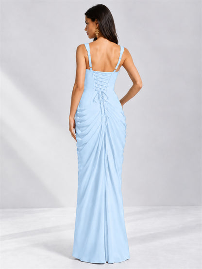 Square Neck Mermaid Chiffon Lace Up Back Wedding Guest Dress with Split Side