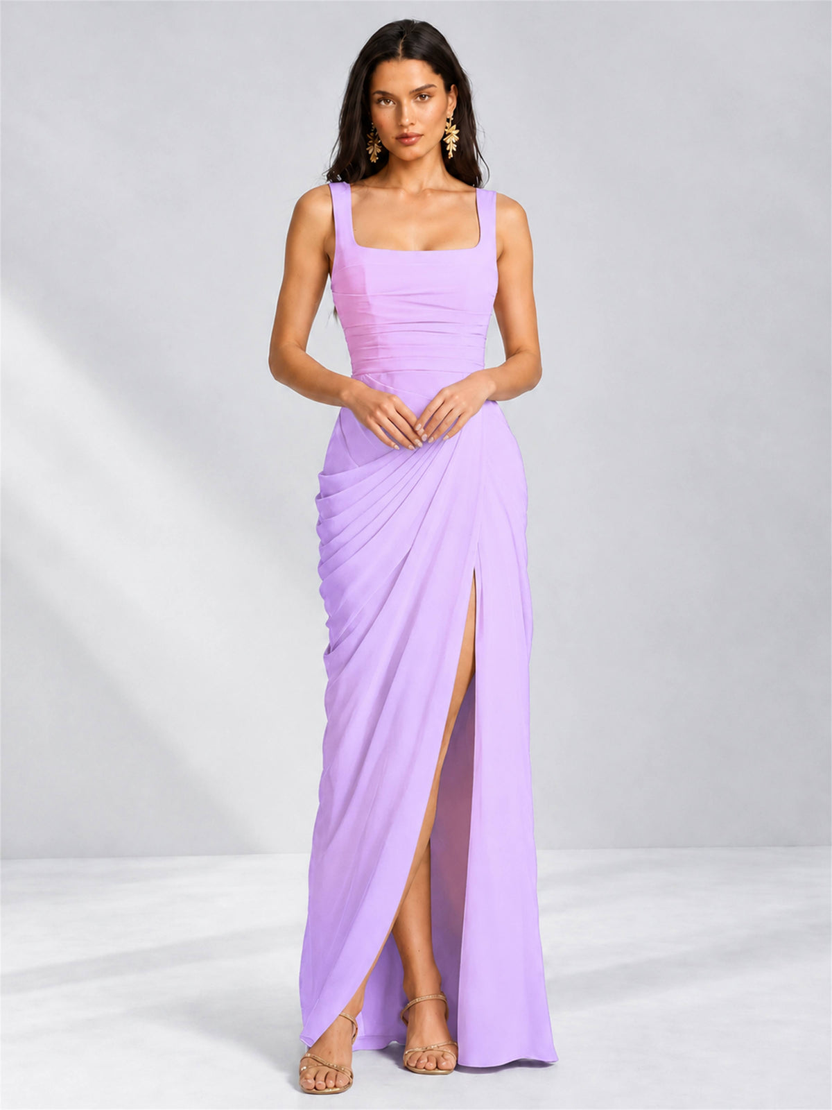 Square Neck Mermaid Chiffon Lace Up Back Wedding Guest Dress with Split Side