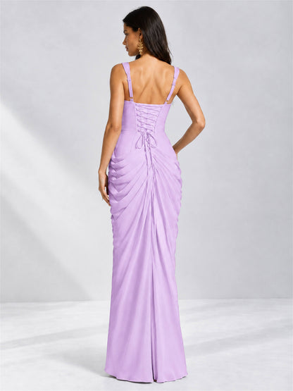 Square Neck Mermaid Chiffon Lace Up Back Wedding Guest Dress with Split Side
