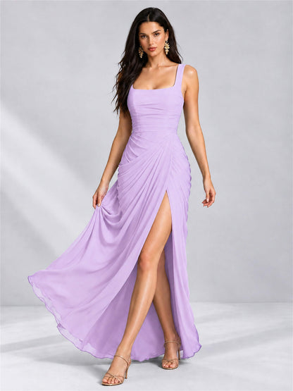 Square Neck Mermaid Chiffon Lace Up Back Wedding Guest Dress with Split Side