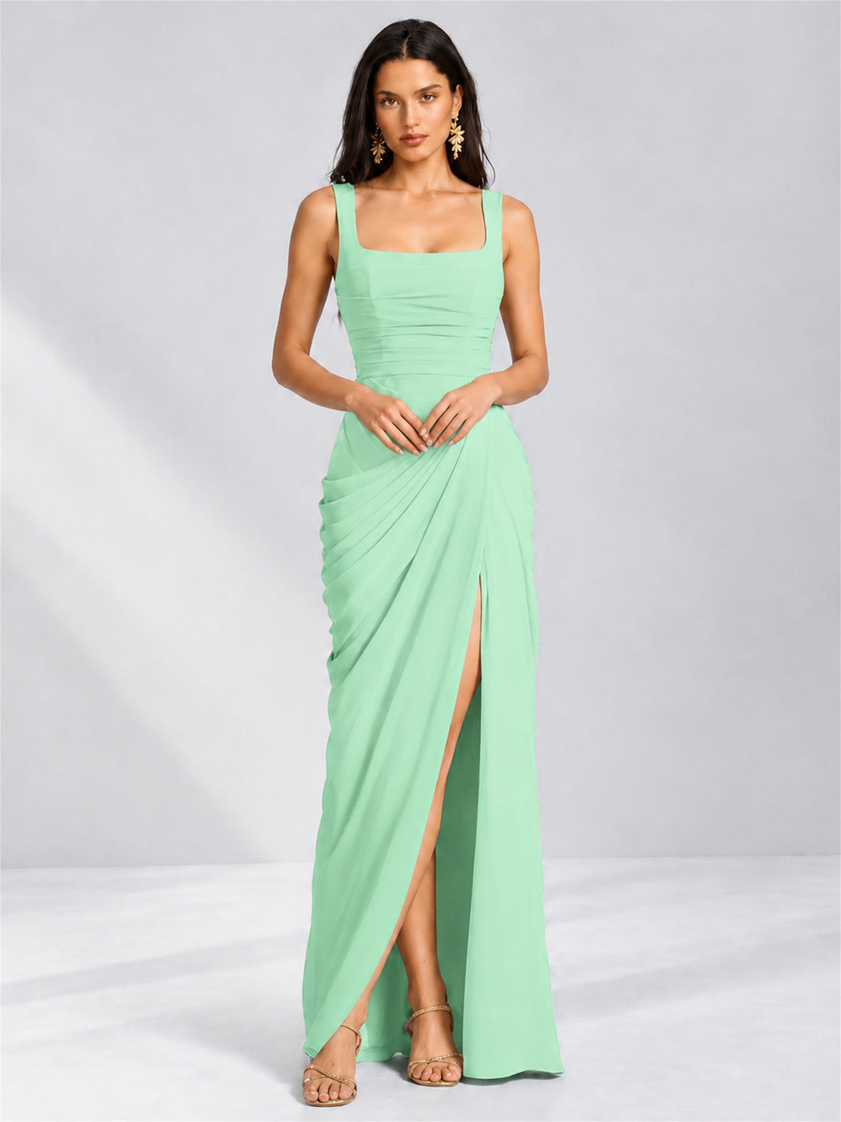 Square Neck Mermaid Chiffon Lace Up Back Wedding Guest Dress with Split Side