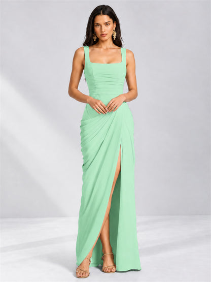 Square Neck Mermaid Chiffon Lace Up Back Wedding Guest Dress with Split Side