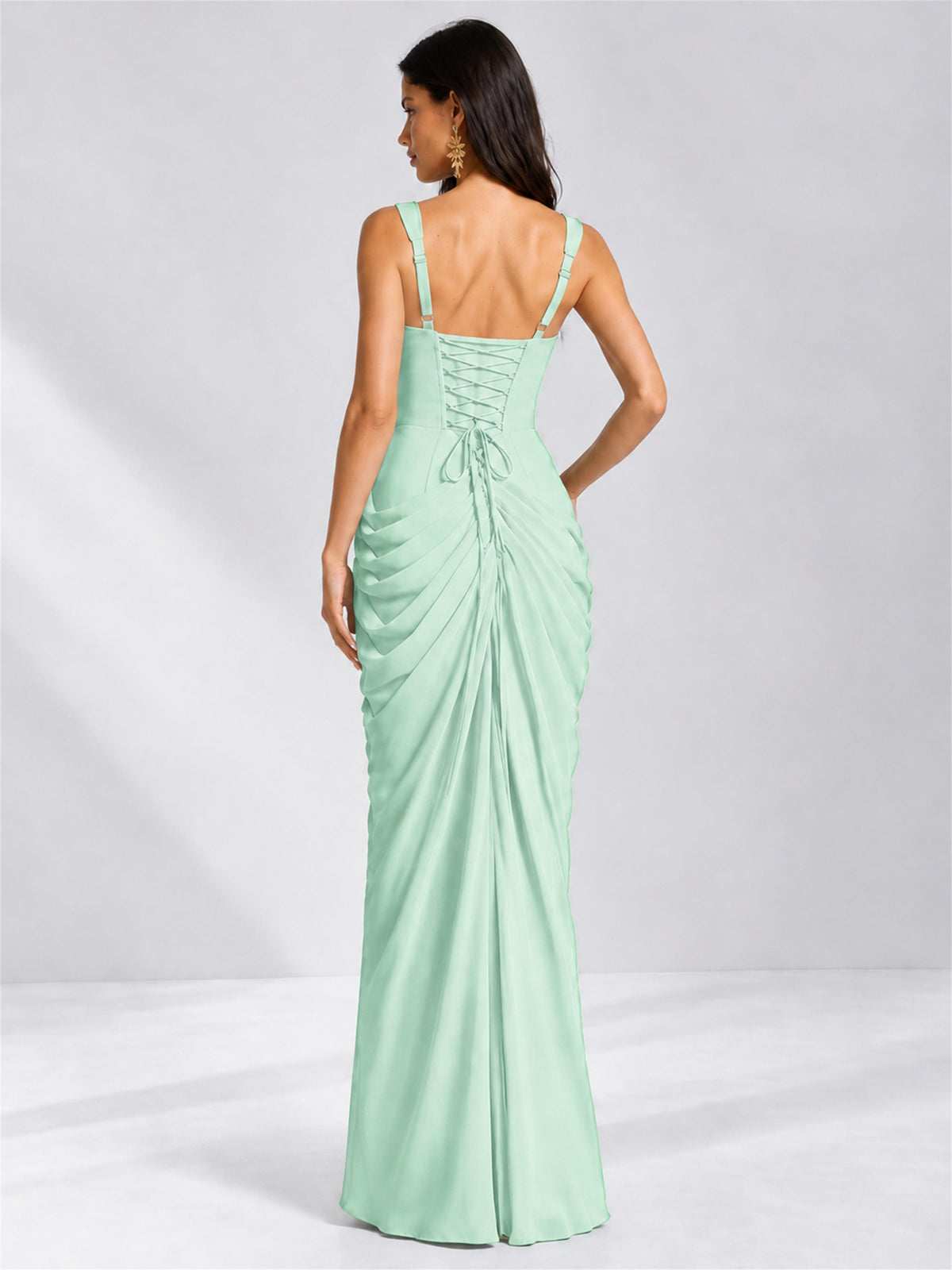Square Neck Mermaid Chiffon Lace Up Back Wedding Guest Dress with Split Side