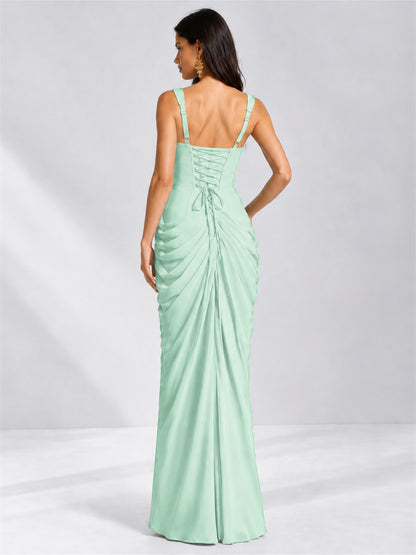 Square Neck Mermaid Chiffon Lace Up Back Wedding Guest Dress with Split Side