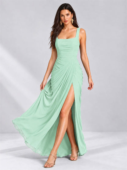 Square Neck Mermaid Chiffon Lace Up Back Wedding Guest Dress with Split Side