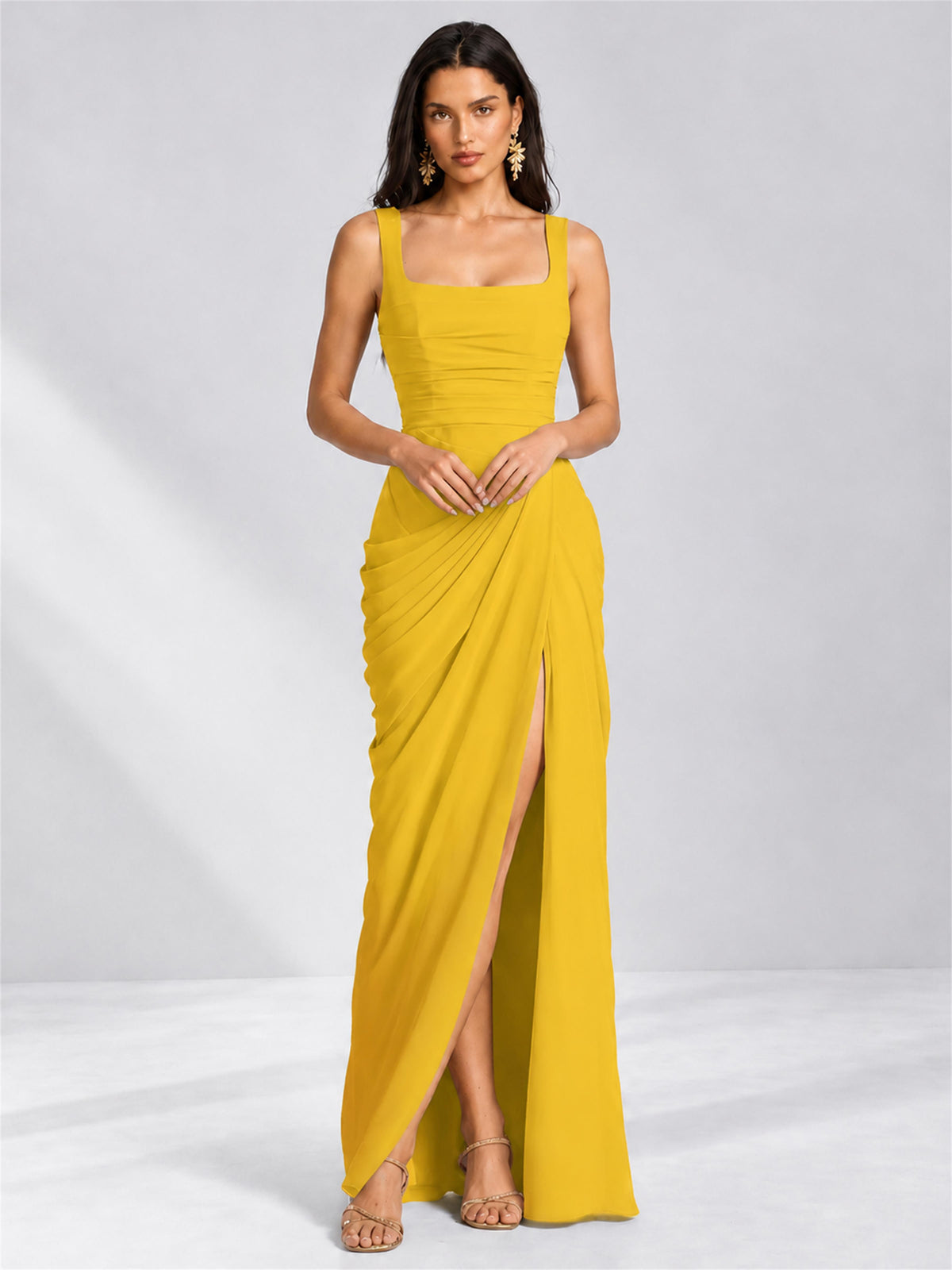 Square Neck Mermaid Chiffon Lace Up Back Wedding Guest Dress with Split Side