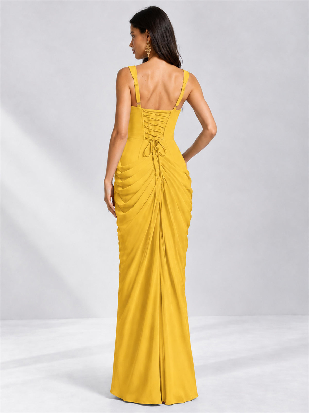 Square Neck Mermaid Chiffon Lace Up Back Wedding Guest Dress with Split Side