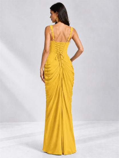 Square Neck Mermaid Chiffon Lace Up Back Wedding Guest Dress with Split Side